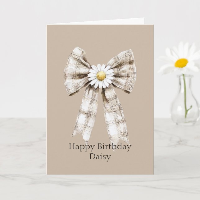 Tarjeta Cocoa Cream White Bow Daisy Flower Birthday (Planta pequeña)