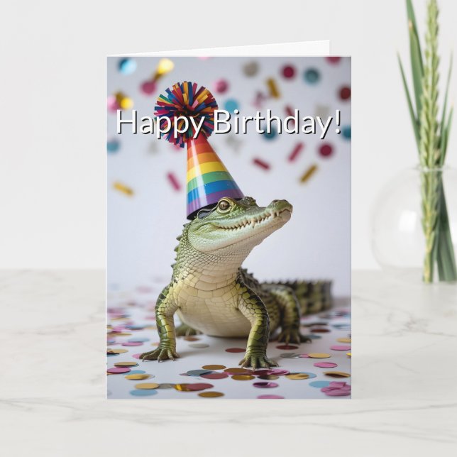 Tarjeta Cocodrilo con sombrero de cumpleaños de arcoíris (Anverso)