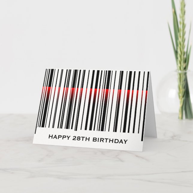 Tarjeta Código de barras cumpleaños 28 con láser rojo (Anverso)