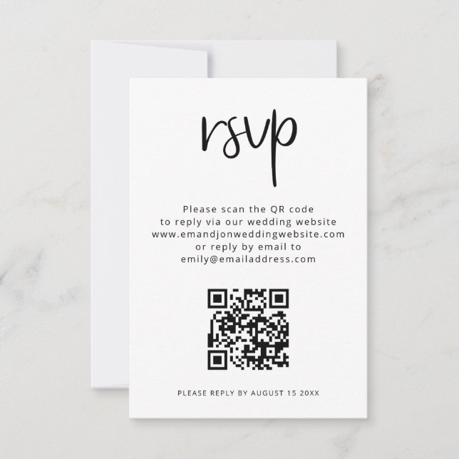 Tarjeta Código QR impreso Boda blanca negra RSVP (Anverso)