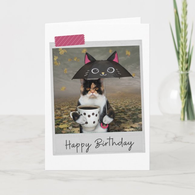 Tarjeta Coffee del día lluvioso Calico Cat Funny Birthday  (Anverso)