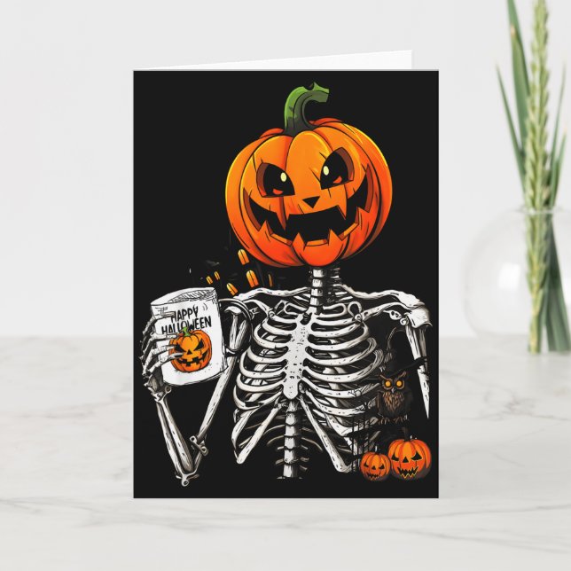 Tarjeta Coffee Drinking Skeleton Pumpkin Halloween Costume (Anverso)