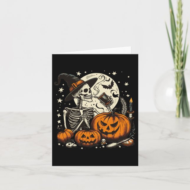 Tarjeta Coffee Drinking Skeleton Pumpkin Halloween Costume (Anverso)