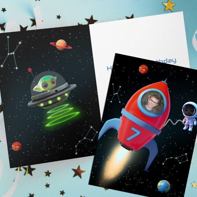 Tarjeta Cohete de cumpleaños con foto | Astronauta alieníg (Subido por el creador)