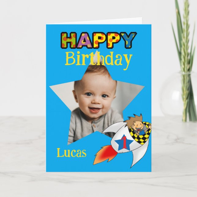 Tarjeta Cohete personalizado para cumpleaños número uno de (Anverso)