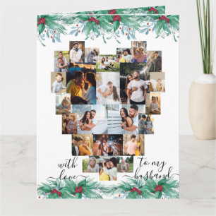 Tarjeta Colage de fotos del corazón del esposo con acebo y
