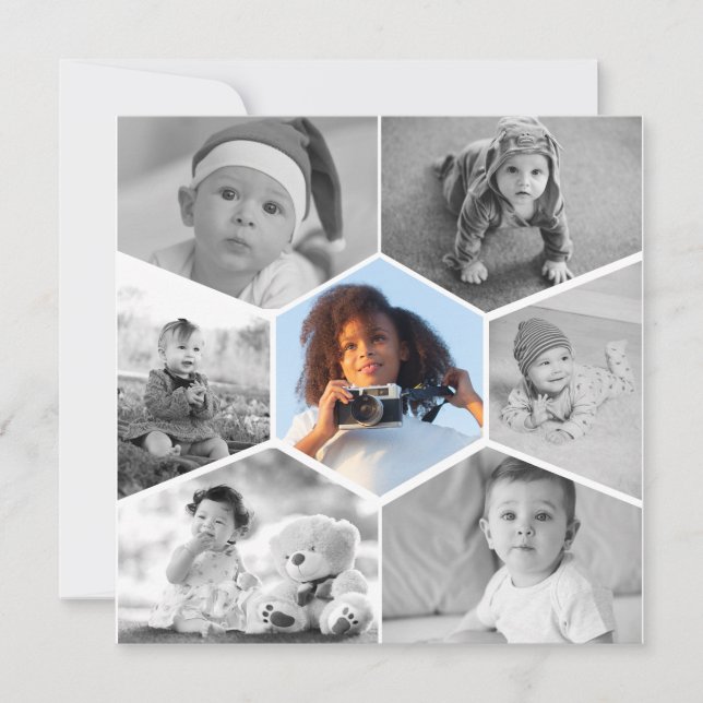 Tarjeta Colage de fotos en hexágono en blanco y negro (Anverso)