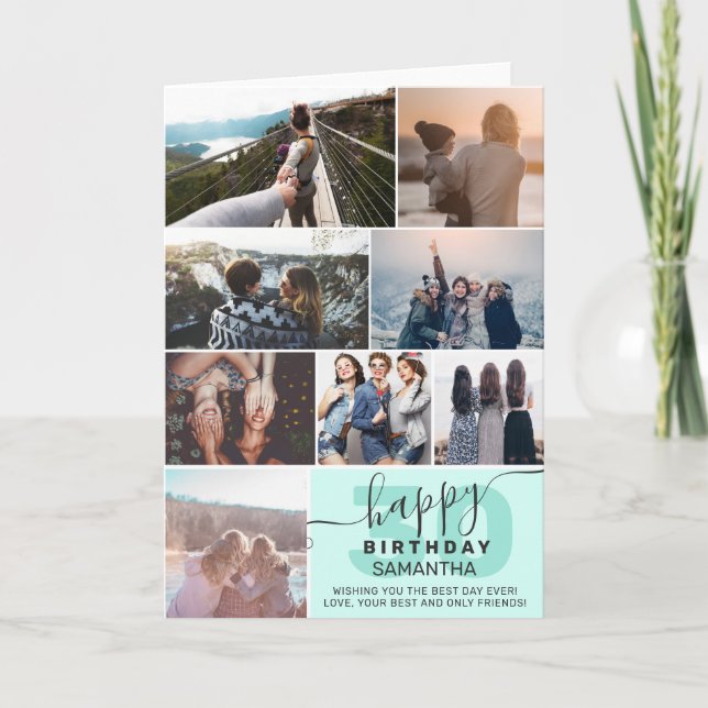 Tarjeta Colaje de 8 fotos mint modern para cumpleaños de c (Anverso)
