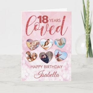 Tarjeta Colaje de fotos de cumpleaños 18 con purpurina roj