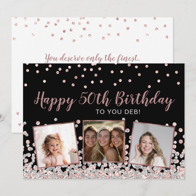 Tarjeta Colaje de Fotos de Rosa, Plata Cumpleaños 50 (Anverso / Reverso)