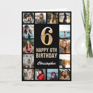 Tarjeta Colaje de fotos negro y dorado cumpleaños feliz 6º