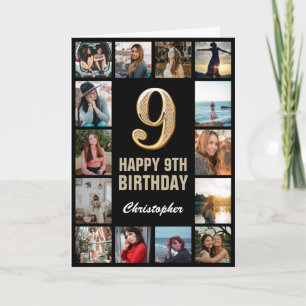 Tarjeta Colaje de fotos negro y dorado para el 9º cumpleañ