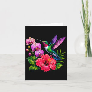 Tarjeta Colibrí Con Flores De Hibisco Y Orquídea