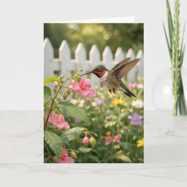Tarjeta Colibrí de cumpleaños en flor de no me toques (Anverso)