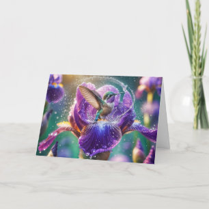 Tarjeta Colibrí de cumpleaños salpicando en un iris