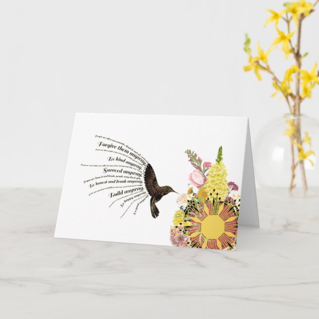 Tarjeta Colibrí de oración inspiradora, sol y flores (flor amarilla)