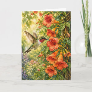 Tarjeta Colibrí Peekaboo Enredadera Trompeta Acuarela Blan