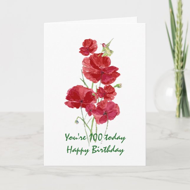 Tarjeta Colibrí Red Poppy 100 cumpleaños (Anverso)