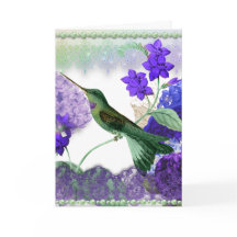 Colibrí verde con flores, encaje, carta de peras