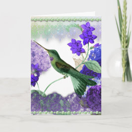 Tarjeta Colibrí verde con flores, encaje, carta de peras