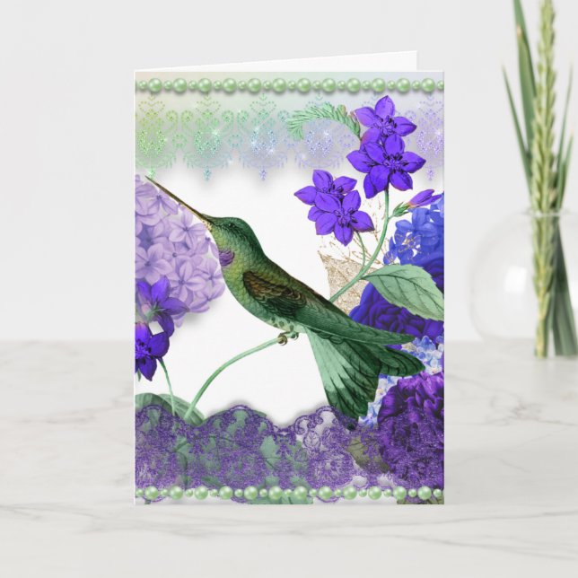 Tarjeta Colibrí verde con flores, encaje, carta de peras (Anverso)