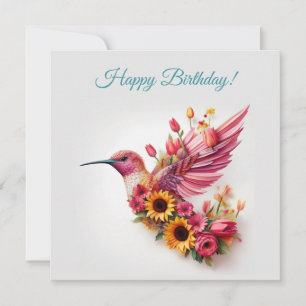 Tarjeta Colibrí volando con flores Feliz Cumpleaños