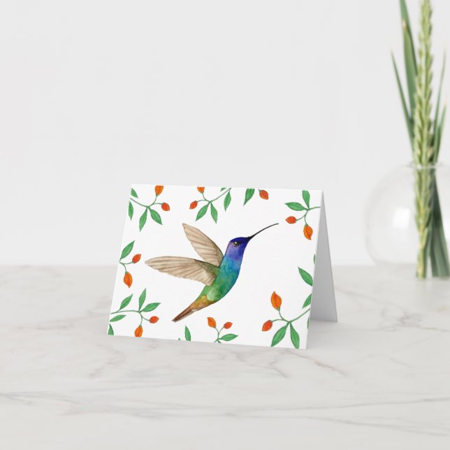 Tarjeta Colibrí Zafiro de Cola Dorada en Blanco (Anverso)