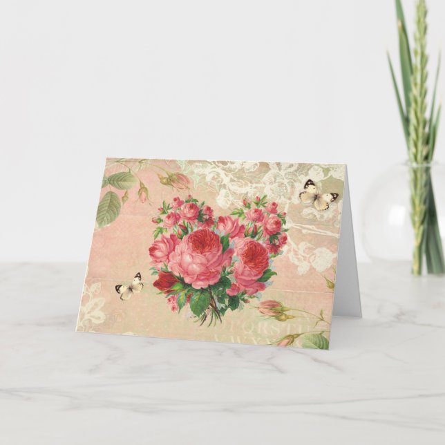 Tarjeta Collage cardíaco Rosa Girly Vintage (Anverso)