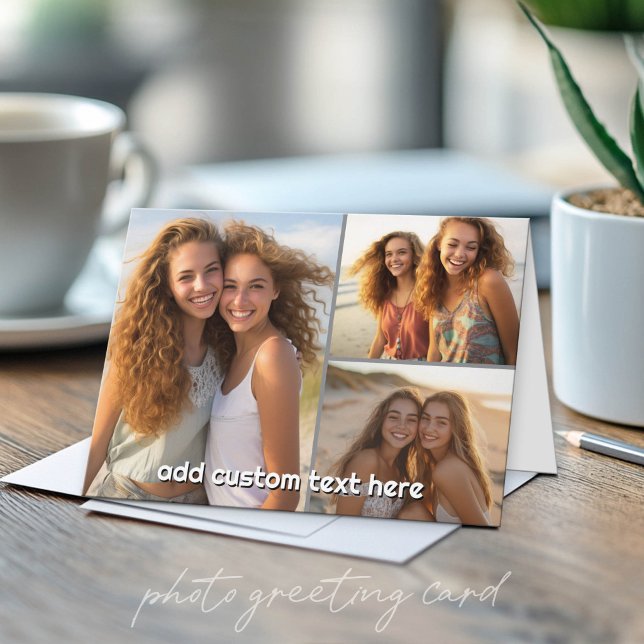 Tarjeta Collage de 3 fotos con 1 línea de texto (Custom Photo Folded Greeting Card)