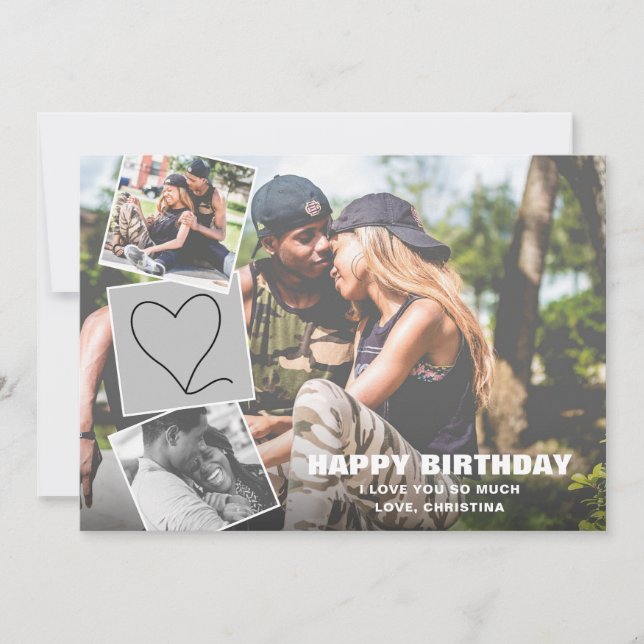 Tarjeta Collage de fotos con cumpleaños feliz de corazón (Anverso)