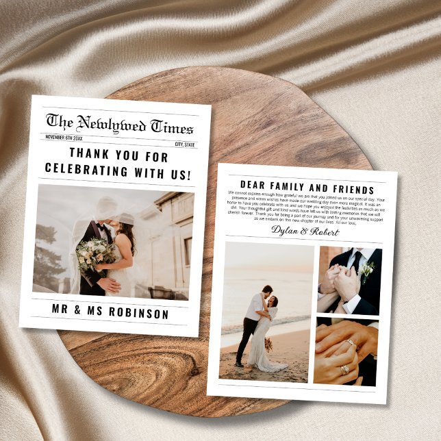 Tarjeta Collage de fotos de periódico - Elegante boda grac (newspaper wedding thank you card 4 photo collage classic elegant)