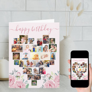 Tarjeta Collage de fotos del corazón Pink Peony Cumpleaños
