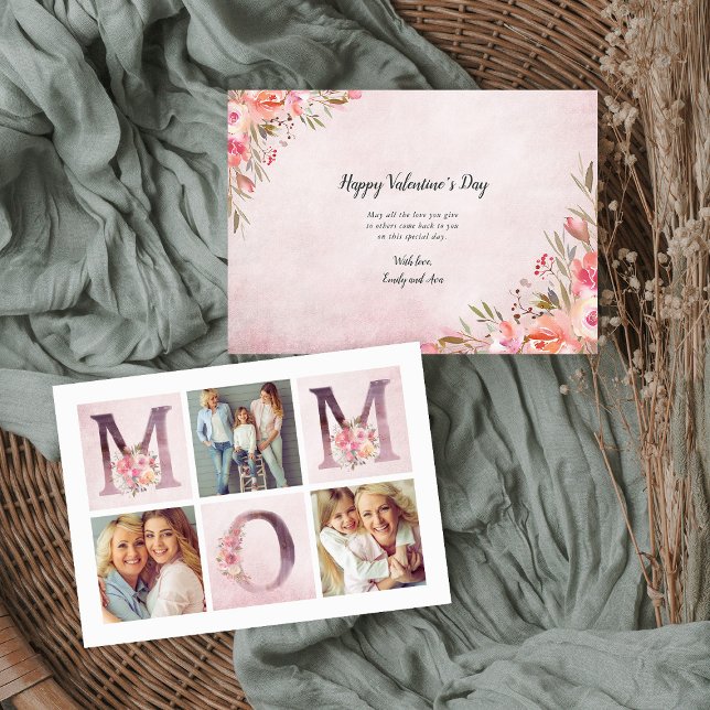 Tarjeta Collage de fotos Dreamy Pink Floral MOM Valentine (Subido por el creador)