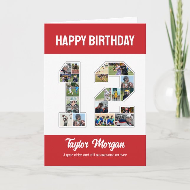 Tarjeta collage de fotos número 12 de aniversario número 1 (Anverso)