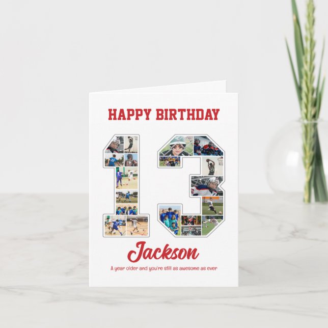 Tarjeta collage de fotos número 13 de aniversario número 1 (Anverso)
