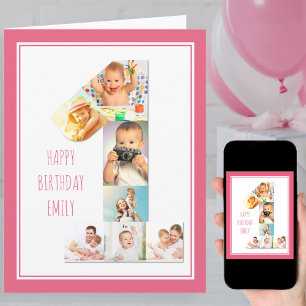 Tarjeta Collage de Fotos Número 1 Cumpleaños de una Niña