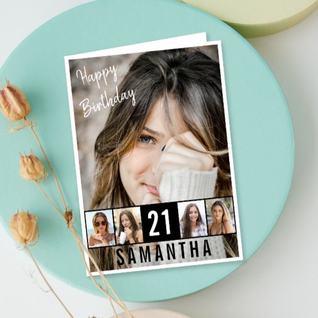 Tarjeta Collage de fotos Personalizado de cumpleaños (Celebrate big with a custom birthday card featuring 6 photos and your own heartfelt message!)