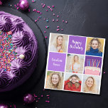 Tarjeta Collage de fotos Purple Birthday personalizado<br><div class="desc">Tarjeta de cumpleaños personalizado púrpura bonito con un collage de 6 plantillas de fotos junto con un nombre y una hermosa torta de cumpleaños. Tarjetas fotográficas personalizadas Happy Birthday.</div>