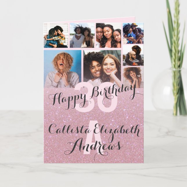 Tarjeta Collage de fotos Purpurina Rosa Feliz cumpleaños (Anverso)