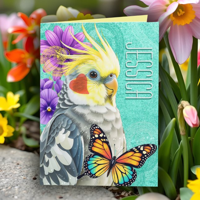 Tarjeta Collage de la flor vibrante de la primavera de la  (Colorful cockatiel art with butterfly and flowers - personalized all occasion card for bird lovers!)