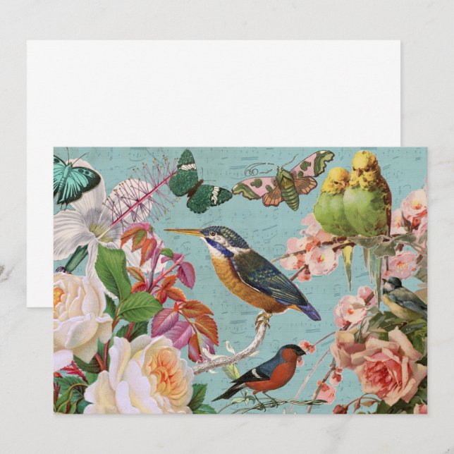 Tarjeta Collage de mariposas y pájaros de Rosas de la époc (Anverso / Reverso)