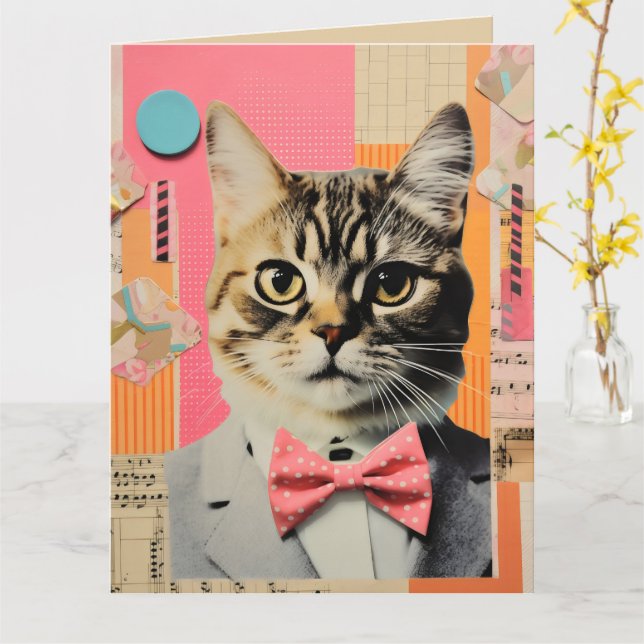 Tarjeta Collage del gato retro (flor amarilla)