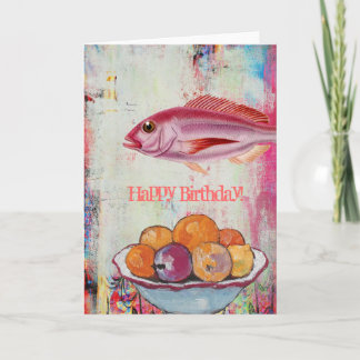 Tarjeta Collage digital del bol de pescado y fruta rosado,