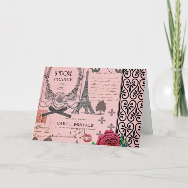 Tarjeta Collage rosado de París del vintage (Anverso)