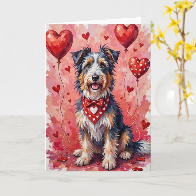 Tarjeta Collie Barbudo de San Valentín sentado con corazon (flor amarilla)