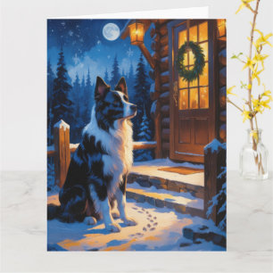 Tarjeta Collie de borde con vacaciones de luces de Navidad