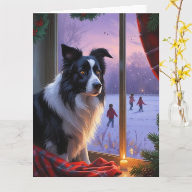 Tarjeta Collie de borde con vacaciones de luces de Navidad (flor amarilla)