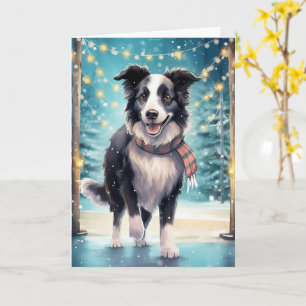 Tarjeta Collie de borde sobre hielo con bufanda festiva