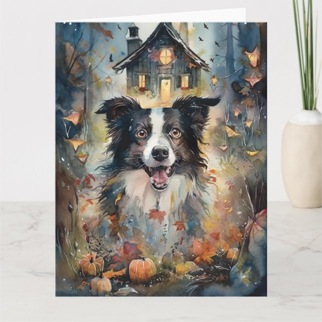 Tarjeta Collie de la frontera de Halloween con calabazas a (Anverso)