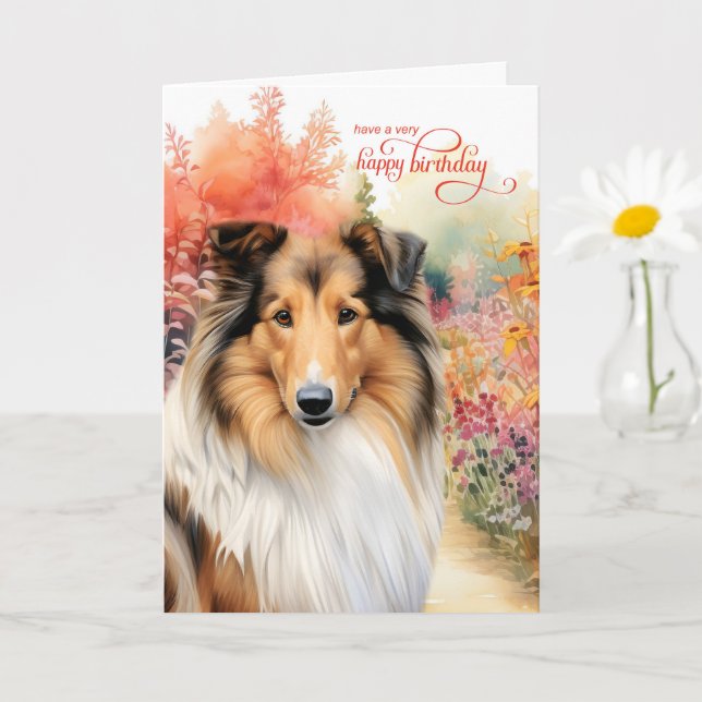 Tarjeta Collie Dog Birthday Wishes Flower Garden (Planta pequeña)